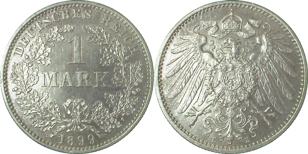 1 Mark 1899 E vz+, alte Patina J017