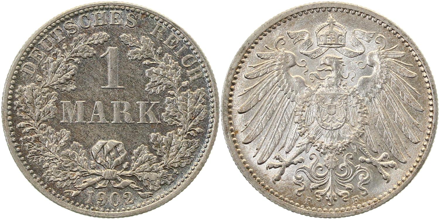 1 Mark 1902 F vz/stgl/f stgl, Originalfarbe 017N02F-1-4-gg