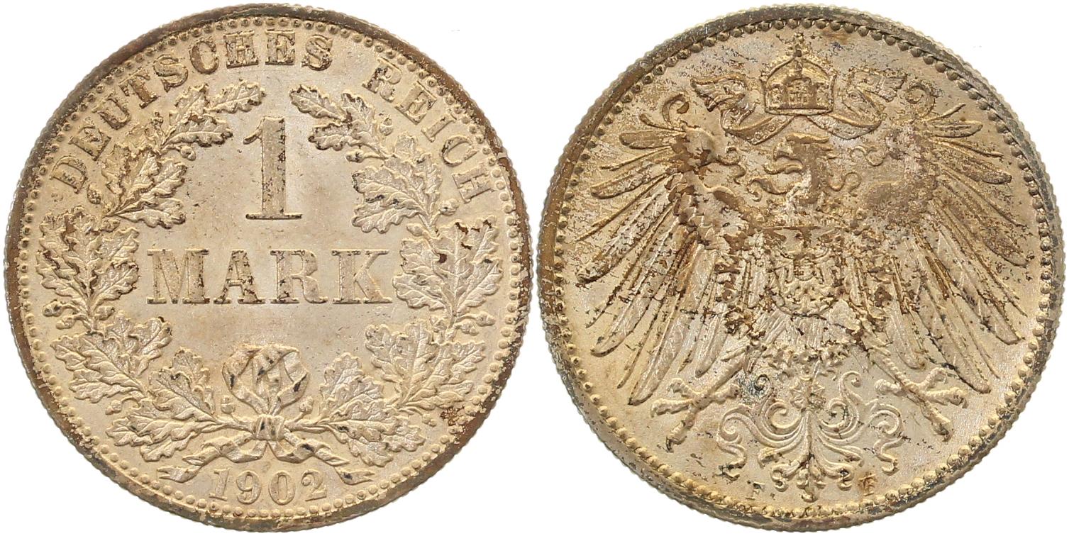 1 Mark 1902 F f prfr/f stgl, alte leichte Patina J017