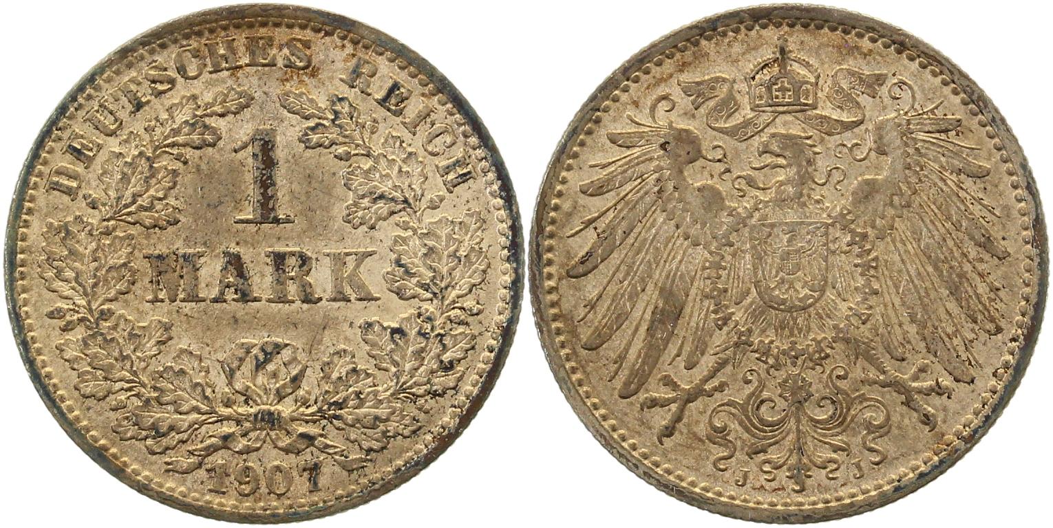1 Mark 1907 J prfr/f prfr selten, alte leichte Patina J017