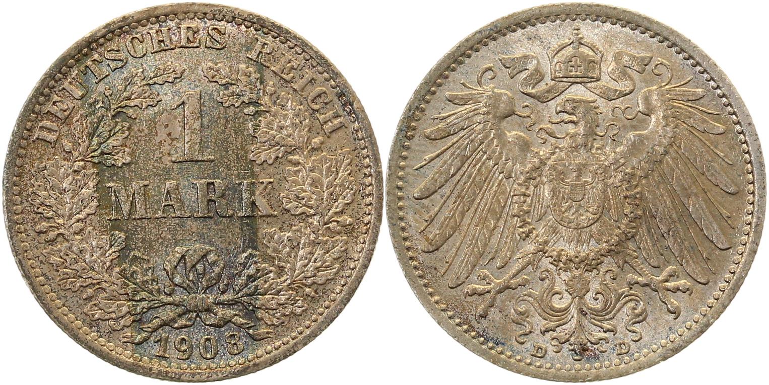 1 Mark 1908 D prfr/f prfr leichte farbige Patina J017