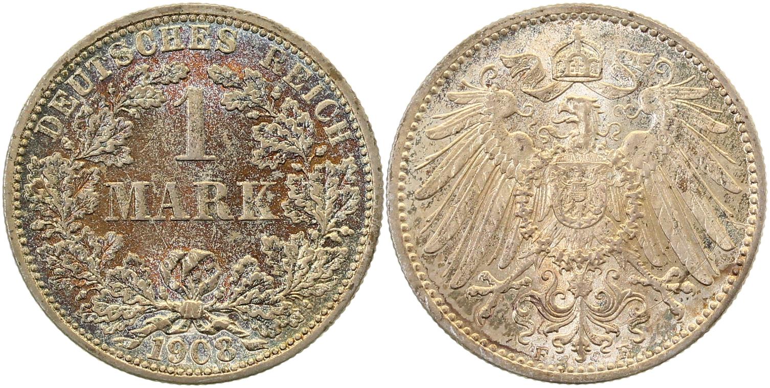 1 Mark 1908 F f prfr Wertseite herrliche beginnende Patina