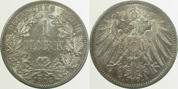 1 Mark 1908 F J017 leichte Patina Gedenkmünzen