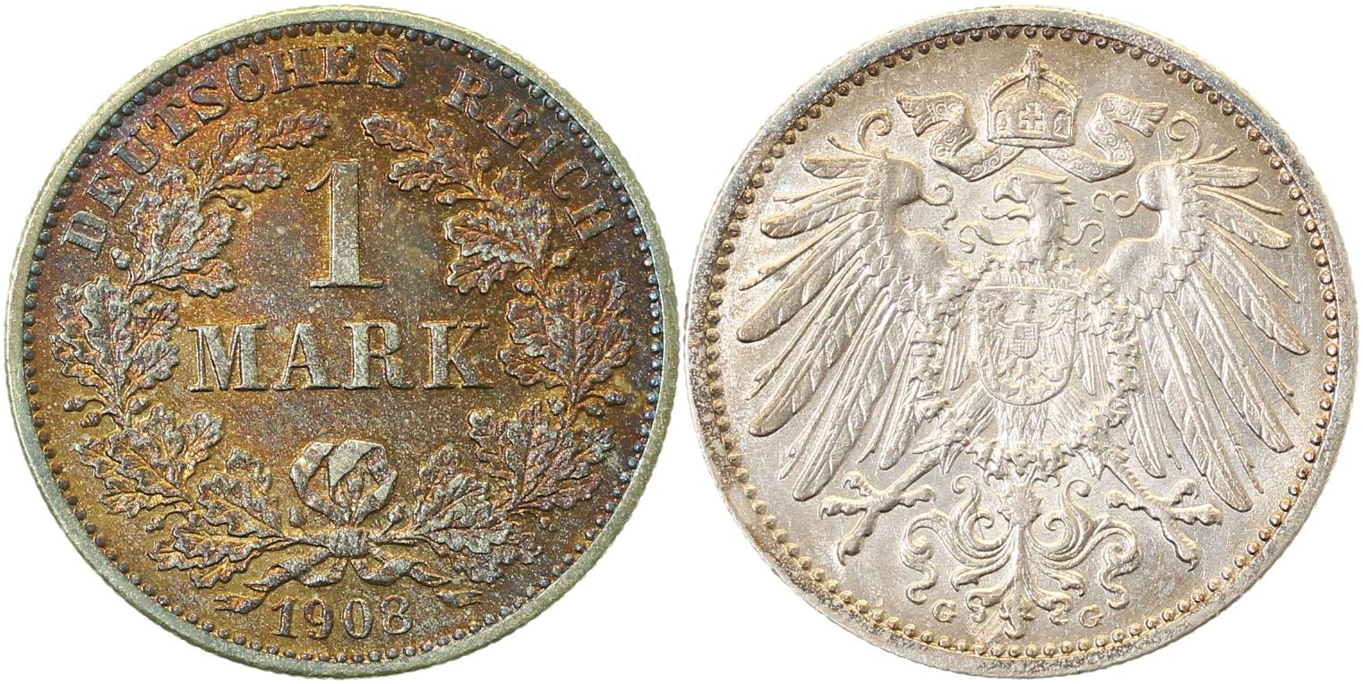 1 Mark 1908 G Wertseite beginnende Patina J017