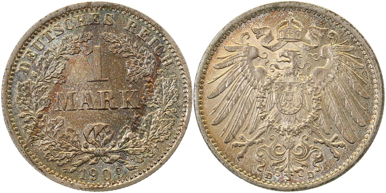 1 Mark 1909 D prfr/stgl Erstabschlag! J017 Deutsches Reich