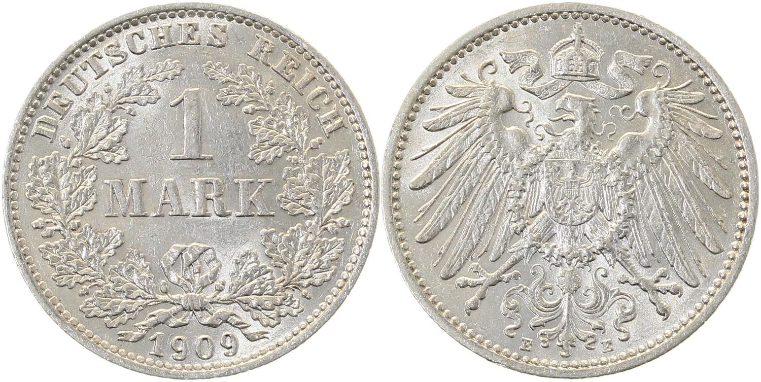 1 Mark 1909 E vz/stgl J017 selten in der Erhaltung !!!