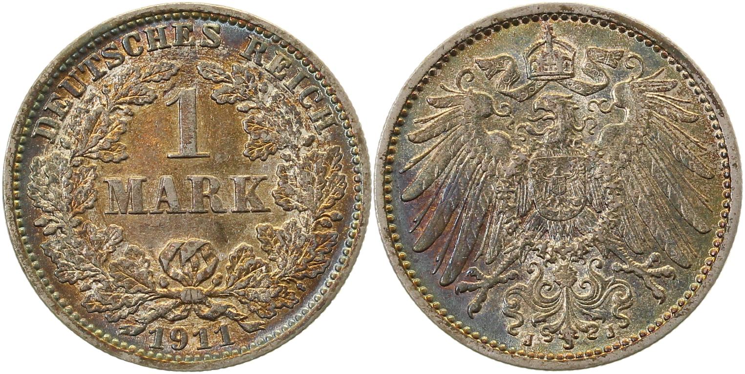 1 Mark 1911 J vz/stgl !, herrliche Patina J017