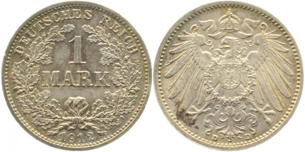 1 Mark 1912 D herrliche Patina Rückseite kleiner Fleck