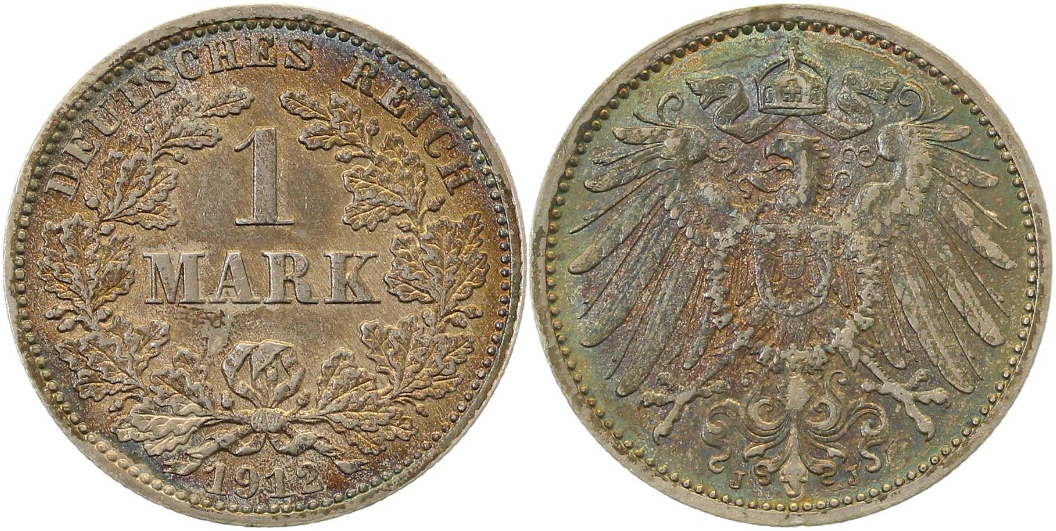 1 Mark 1912 J J017 alte farbige Patina !!!