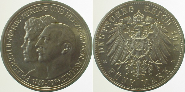5 Mark 1914 A vz/stgl Anhalt Silberne Hochzeit Sonderpreis