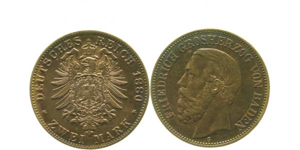 2 Mark Friedrich I Baden 1880 G vz/st !, leichte Patina