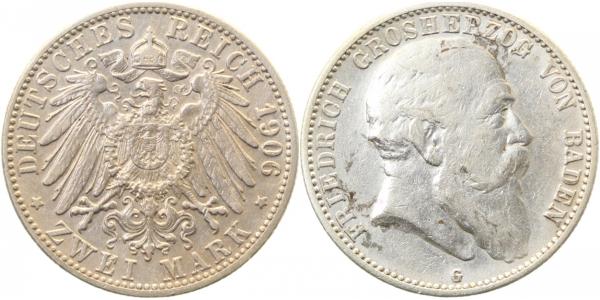 2 Mark Friedrich I Baden 1906 G ss/vz seltenes Jahr
