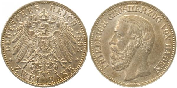 2 Mark Friedrich I Baden 1892 G vz/stgl/prfr/stgl !! J028