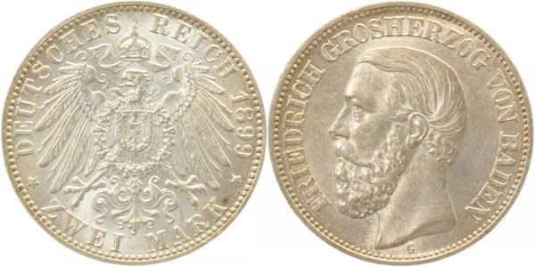2 Mark Friedrich I Baden 1899 G stempelglanz TOP