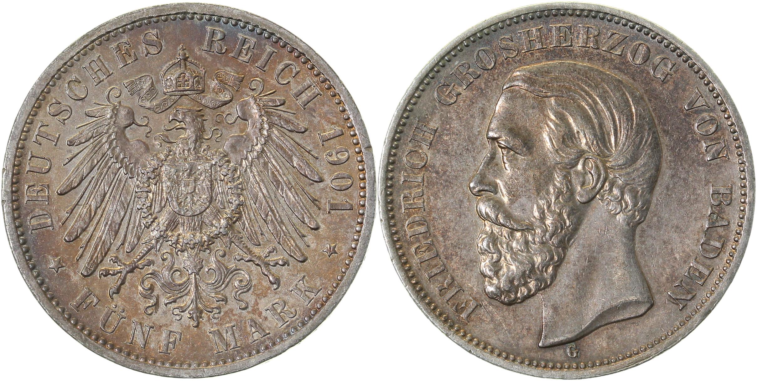 5 Mark 1901 G Friedrich Baden J029 vz+ min Kerbe