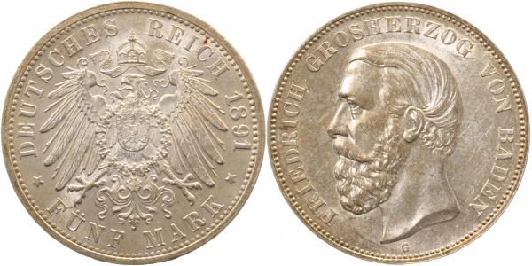 5 Mark 1891 G Friedrich I vorzüglich/stempelglanz/ f stgl