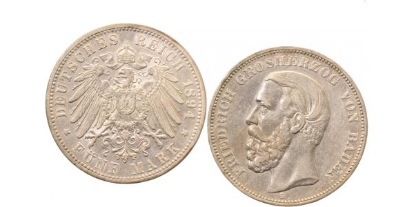 5 Mark 1894 G Friedrich I Baden fast vorzüglich