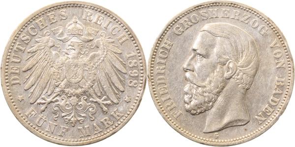 5 Mark Friedrich Baden 1898 G ss/vz kl Randfehler J029