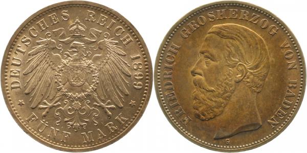 5 Mark 1899 G Friedrich I Baden fast stempelglanz/ fast präg