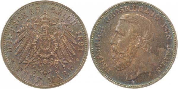 5 Mark Friedrich Baden1891G ohne Strich im A ! RAR !