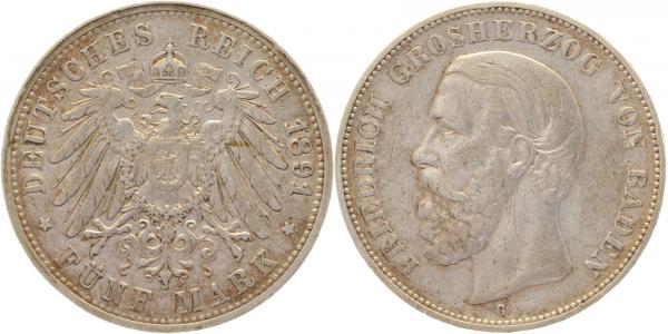 5 Mark Friedrich 1891 G ohne Querstrich im A Baden J29 F