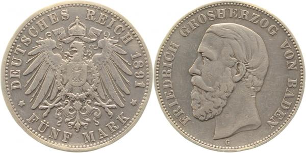5 Mark Baden 1891 G ohne Strich im "A" J029F