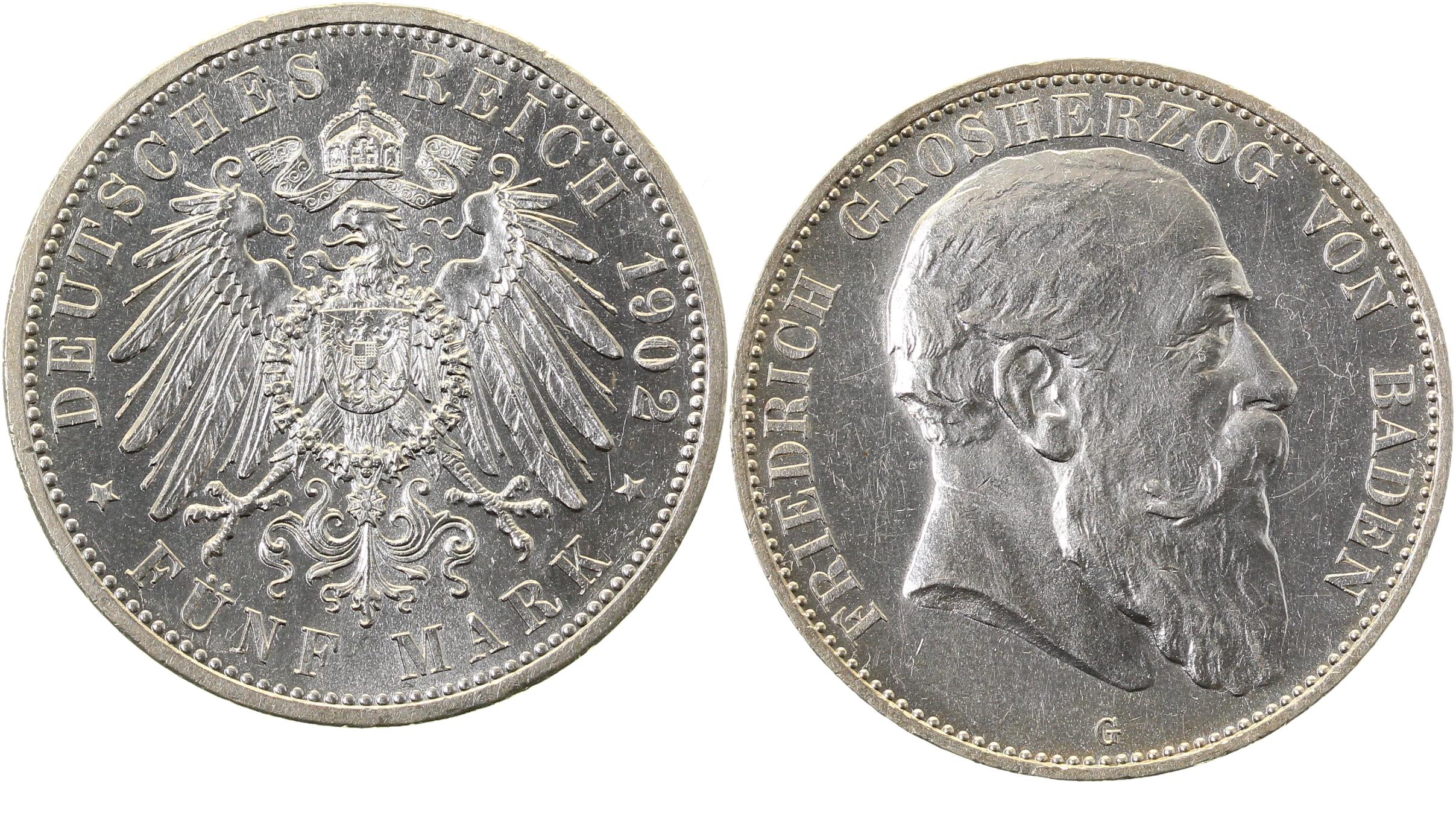 5 Mark Friedrich I Baden 1902 G J33 f prfr/stgl