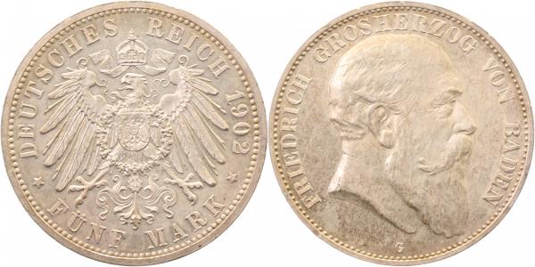 5 Mark Friedrich I Baden 1902 G J33 vz/stgl, Adlerseite toll