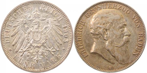5 Mark Friedrich 1903 G Baden vz/vz/prfr leichte Patina J33