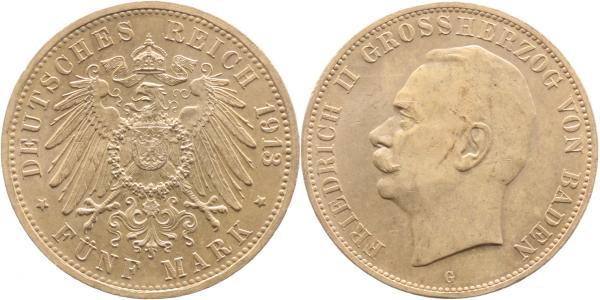 5 Mark Baden 1913 G Variante offenes D in BADEN