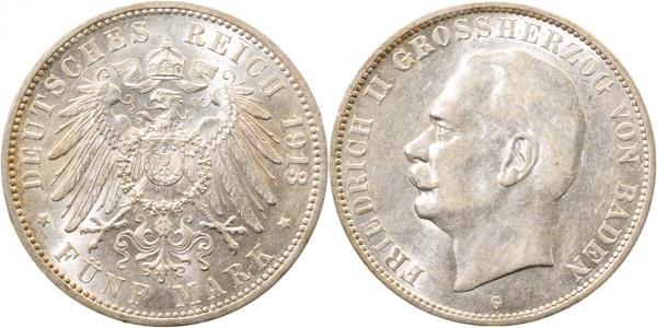 5 Mark Friedrich II von Baden 1913 G vz/stgl J040