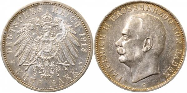 5 Mark Baden Friedrich II 1913 G vz+ goldene Patina J040