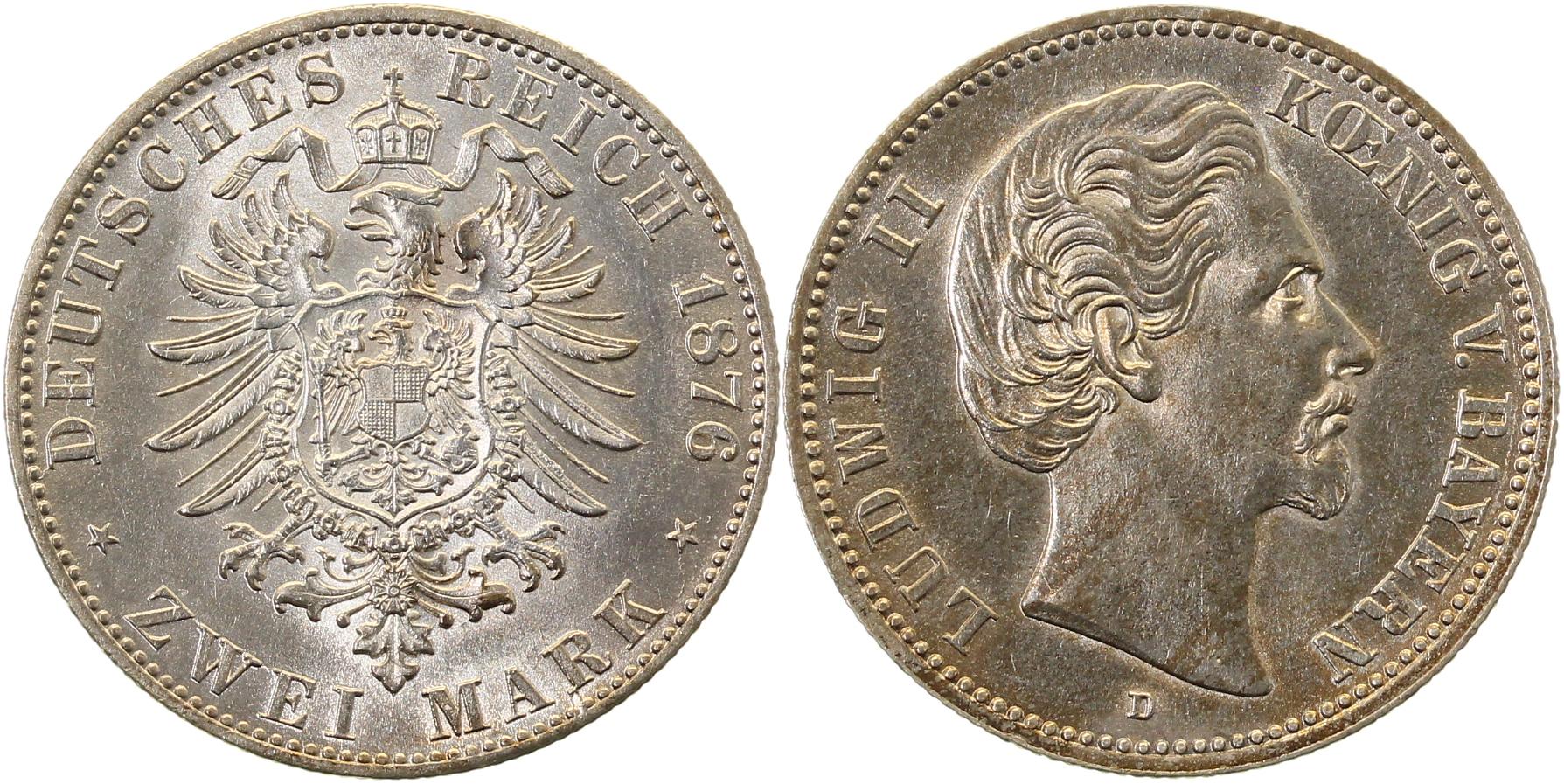 2 Mark 1876 D Bayern prfr/stgl Top Erstabschlag Patina