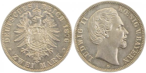 2 Mark 1876 D Ludwig II Bayern vz/st,schöne Patina J41