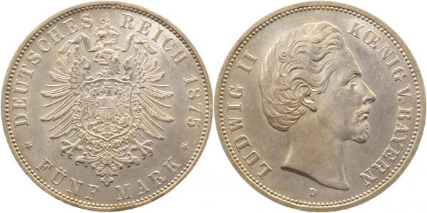 5 Mark 1875 D Bayern Ludwig II prfr/st/prfr J042