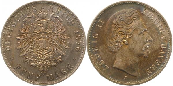 5 Mark 1876 D Ludwig II König v Bayern vz/prfr/vz+ J042 1.8