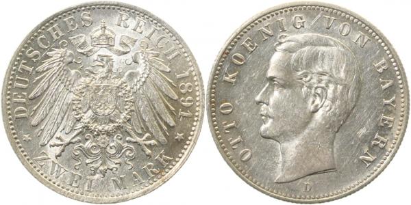 2 Mark Otto 1891 D Bayern vorzüglich/stempelglanz J45