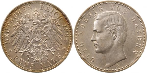 5 Mark Otto König von Bayern 1895 D prfr/stgl J046 TOP