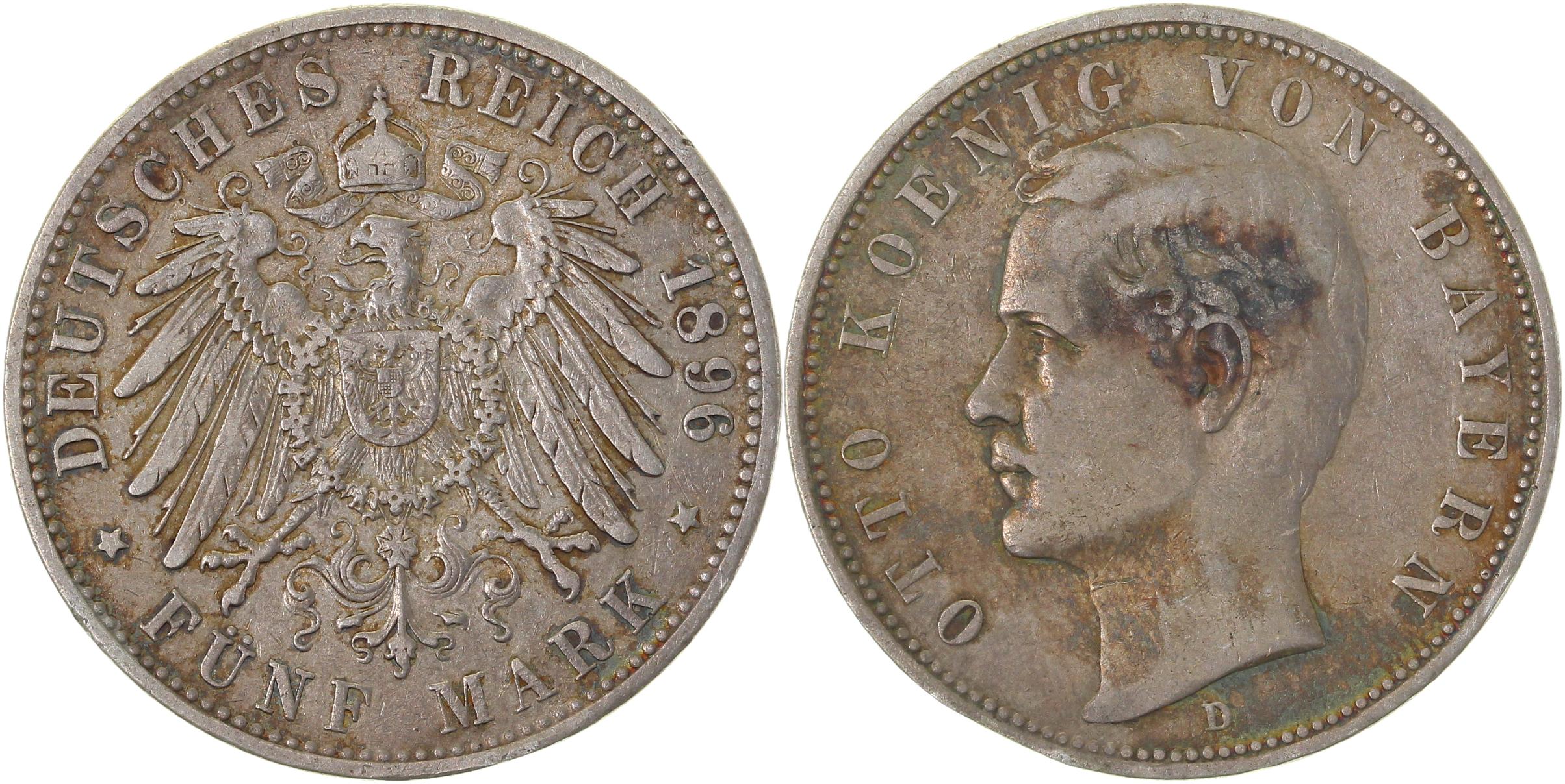 5 Mark Otto König von Bayern 1896 D fast sehr schön selten