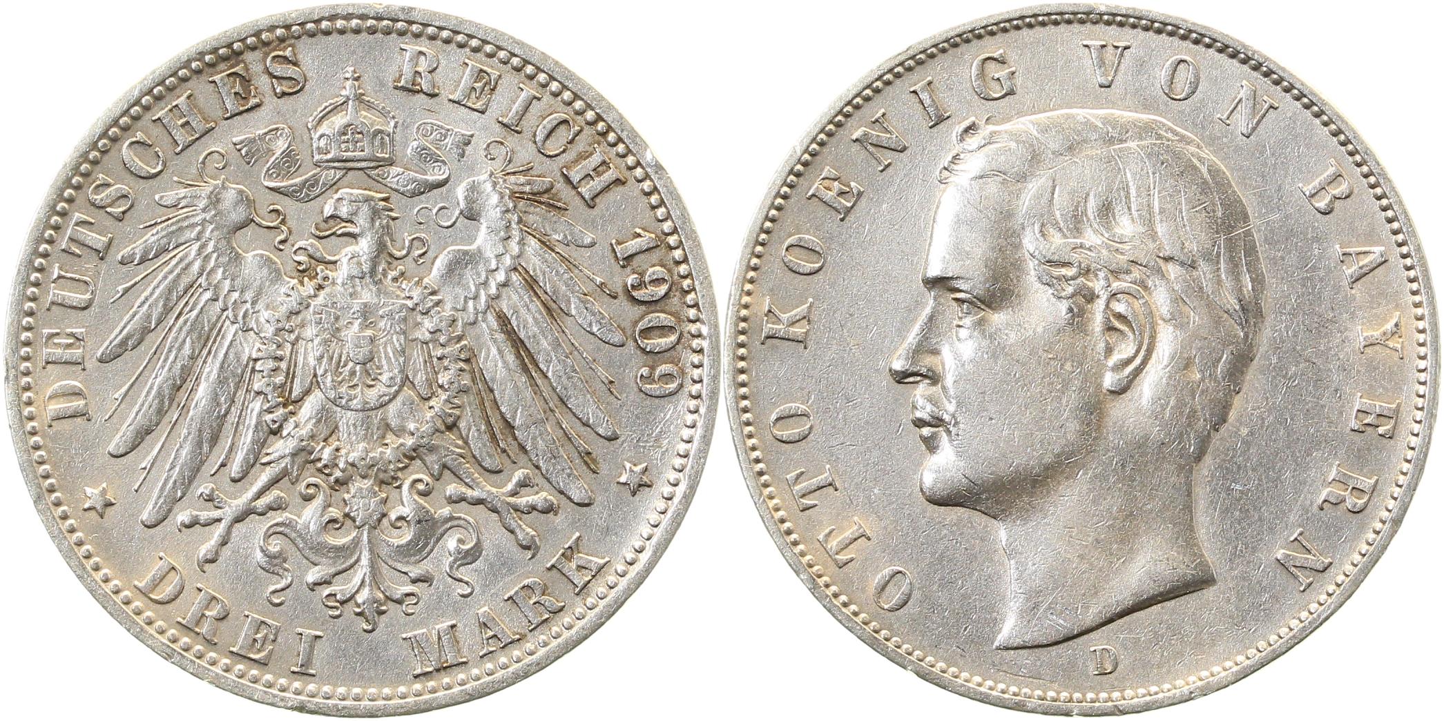 3 Mark Bayern 1909 D J047 ss+ minimaler Randfehler