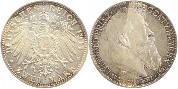 2 Mark Geburtstag Bayern 1911 D J048 beginnende Patina