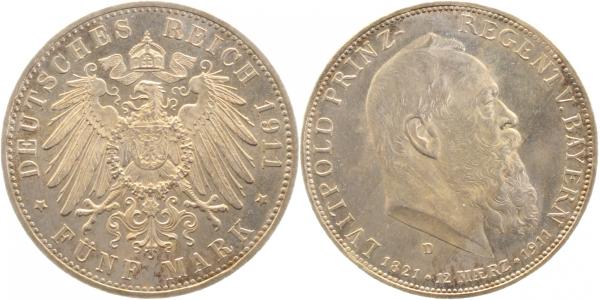 5 Mark Bayern 1911 D vz/stgl J050 Streifen