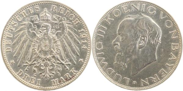 3 Mark Ludwig III Bayern vorzüglich J052 1914