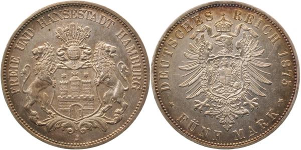 5 Mark Hamburg 1875 J J62 vorzüglich+ goldene Patina