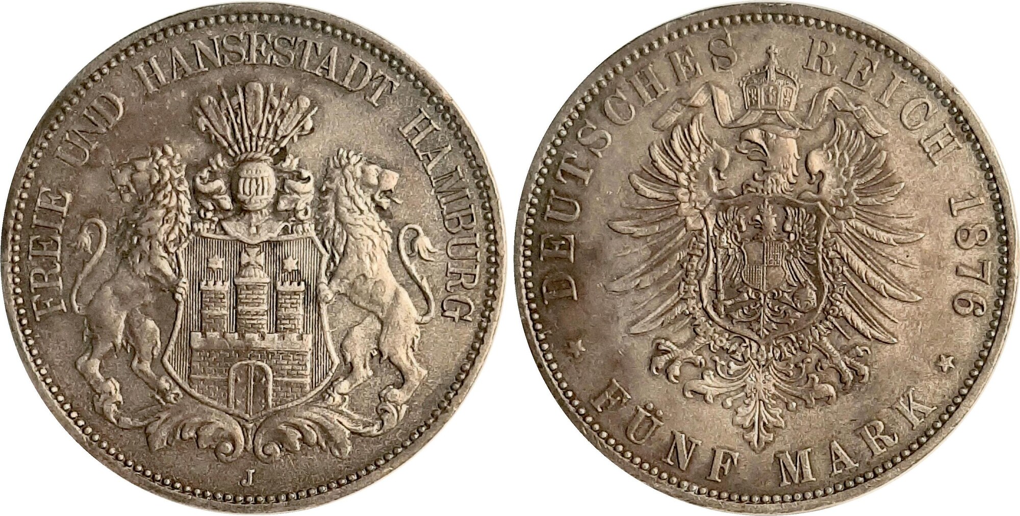 5 Mark Hamburg 1876 J etwas raue Oberfläche