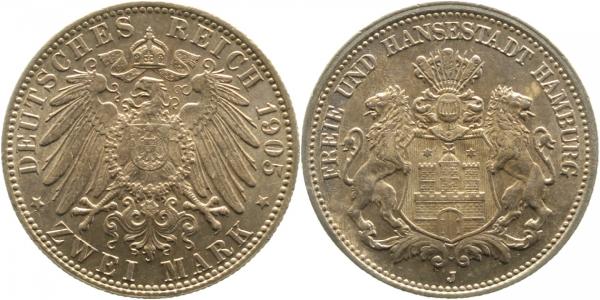 2 Mark Hamburg 1905 J prägefrisch/stempelglanz seltenes Jahr