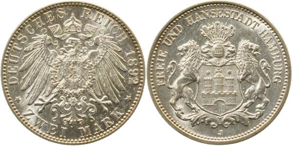 2 Mark Hamburg 1892 J fast stempelglanz Erstabschlag J63