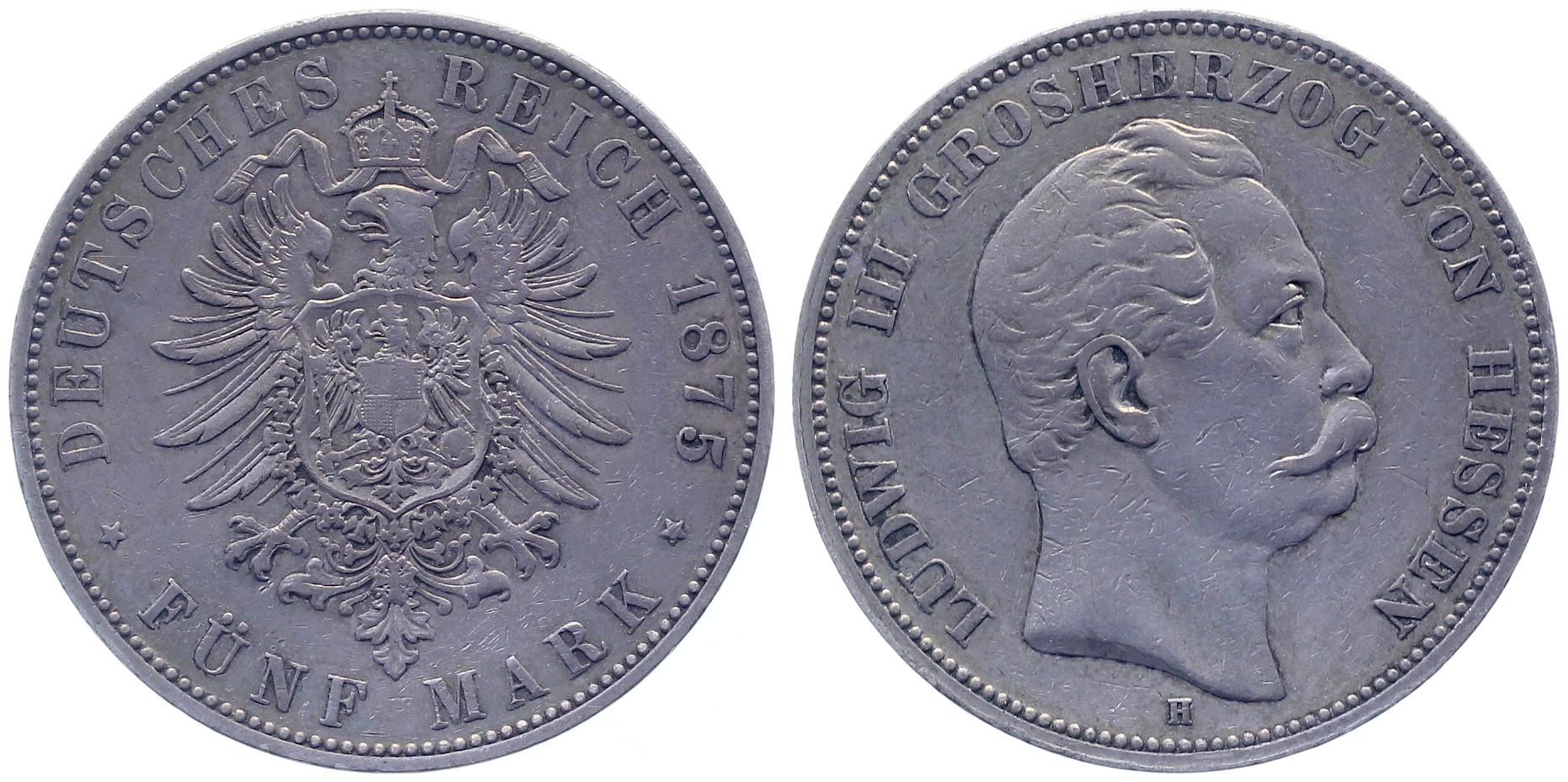 5 Mark 1875 H Ludwig von Hessen sehr schön/vorzüglich Patina