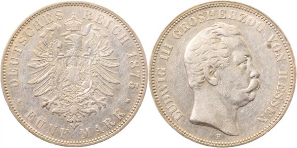 5 Mark 1875 H Ludwig III Hessen sehr schön++ 06775H2.7
