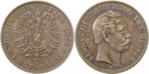 5 Mark 1875 H Ludwig III Hessen sehr schön+ Patina J67